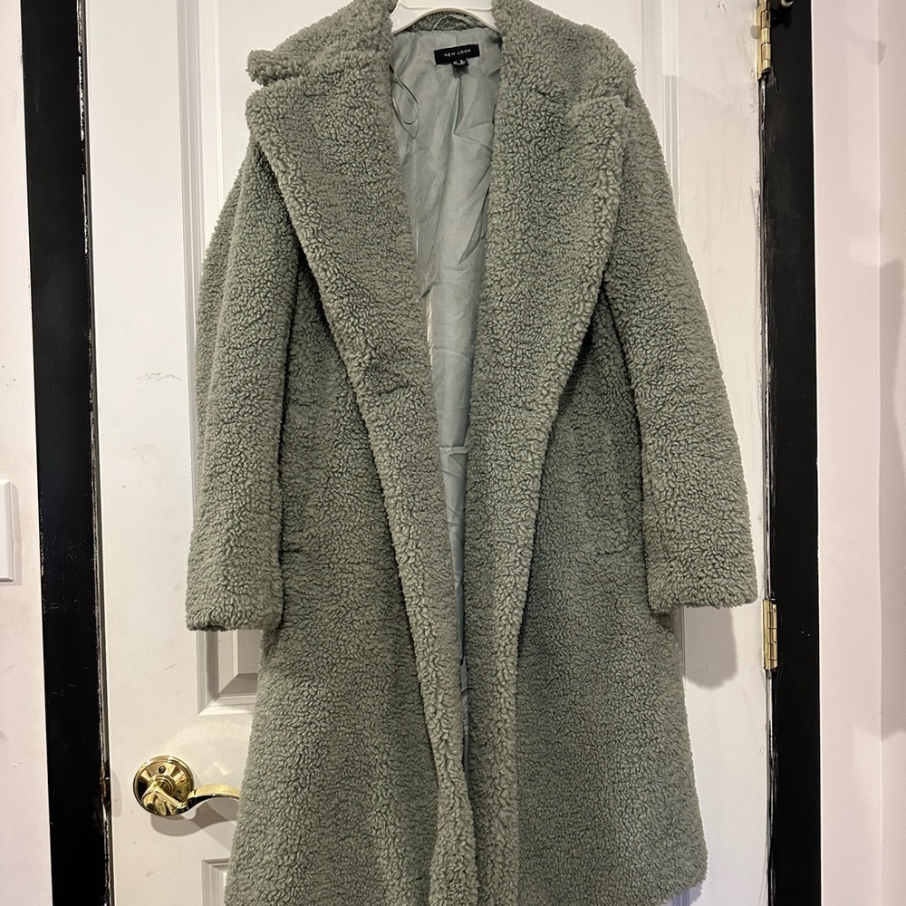 Sage green faux fur long coat